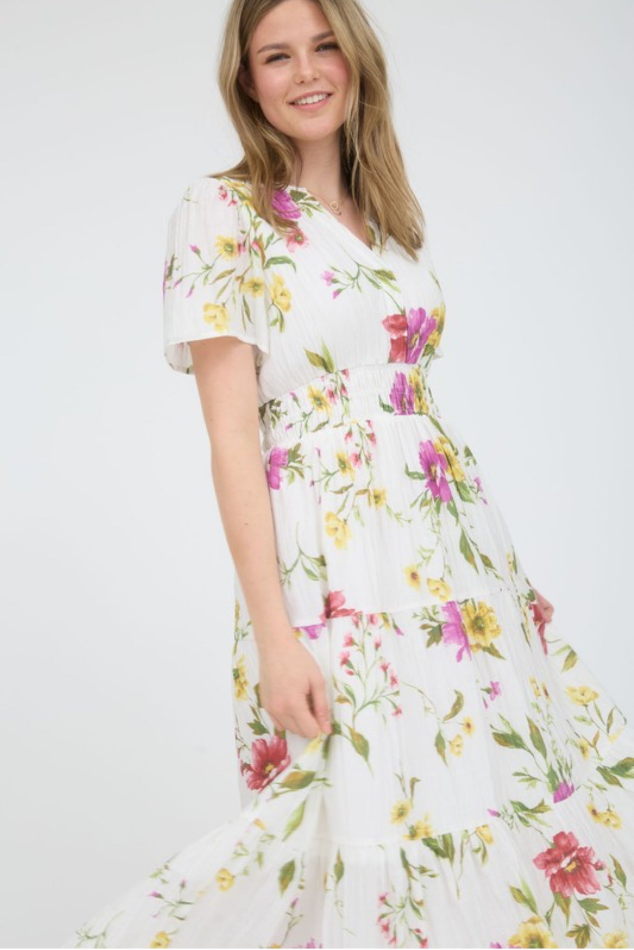 Multicolor Floral Short Sleeve Tiered Midi Dress