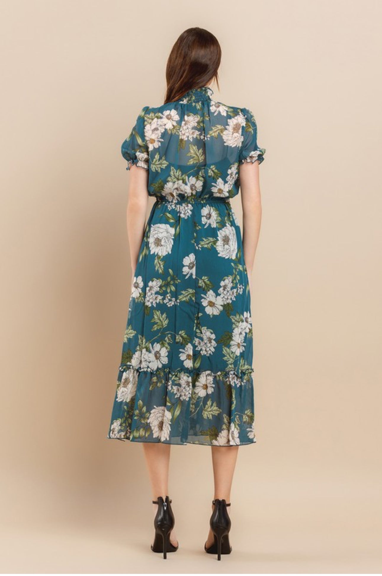 Floral Mock Neck Ruffles Detail Midi Dress