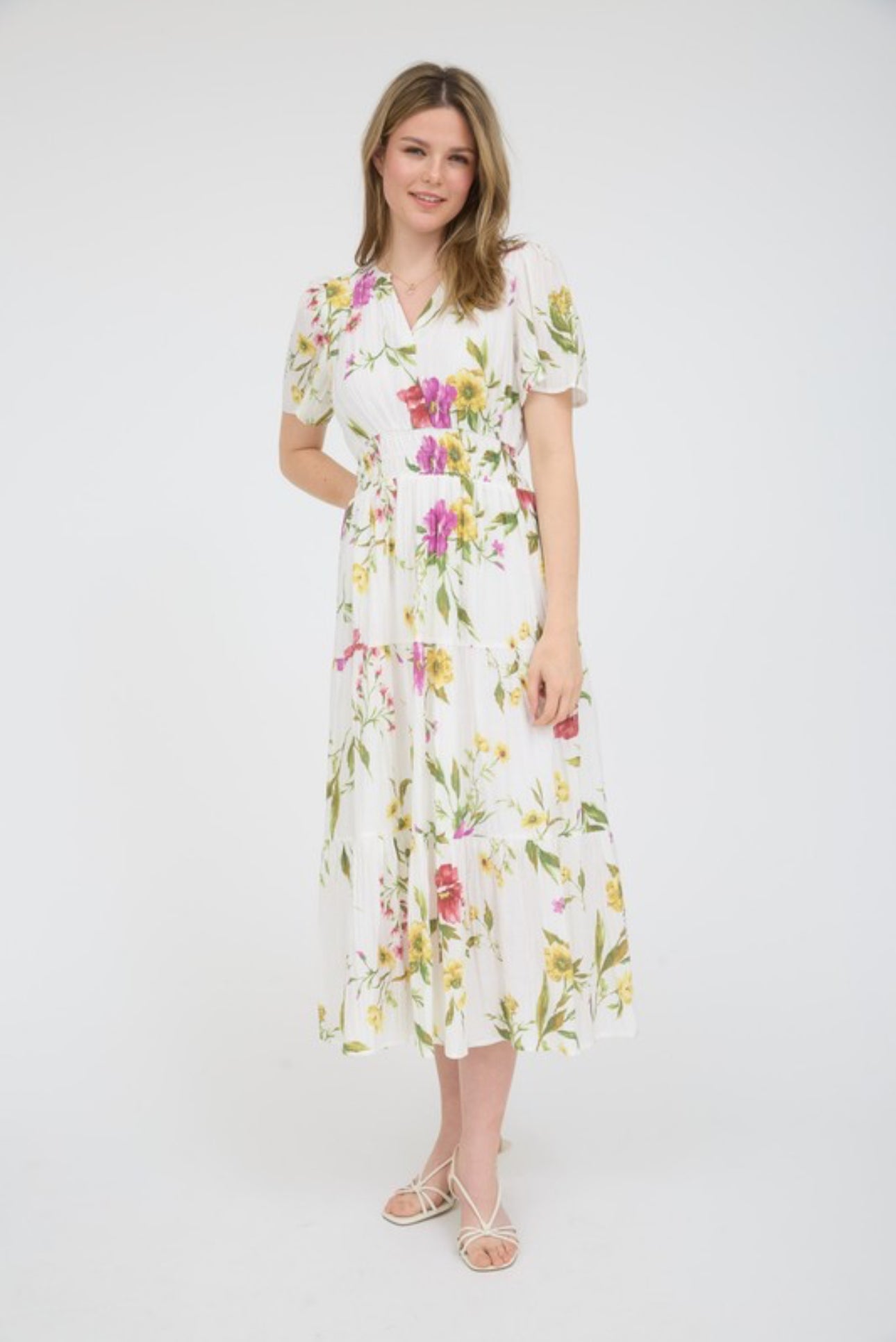 Multicolor Floral Short Sleeve Tiered Midi Dress