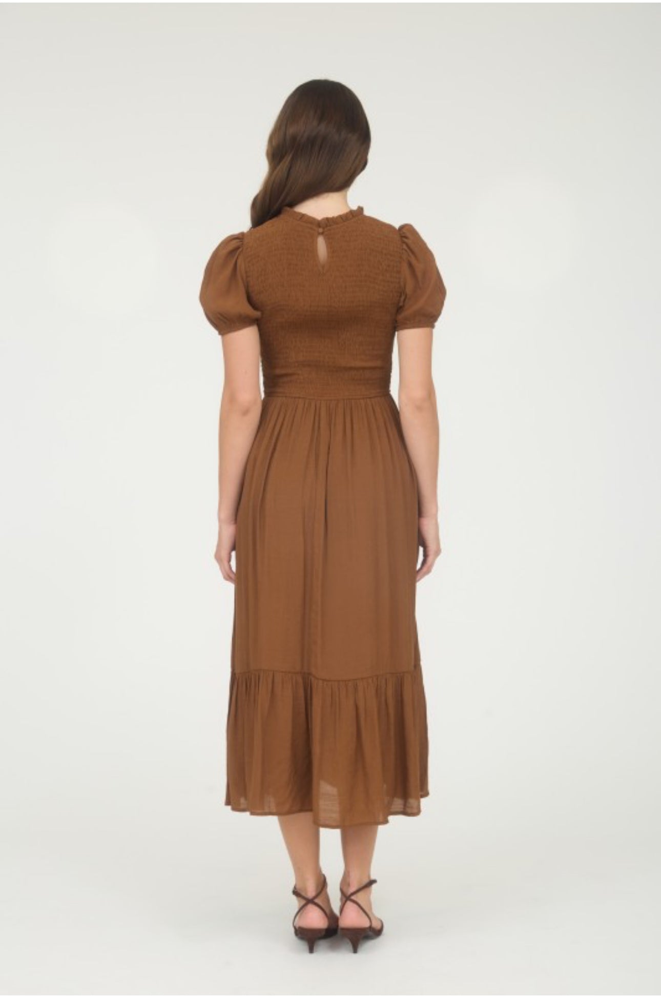 Contrast Smocked Detail Puff Sleeve Midi Dress