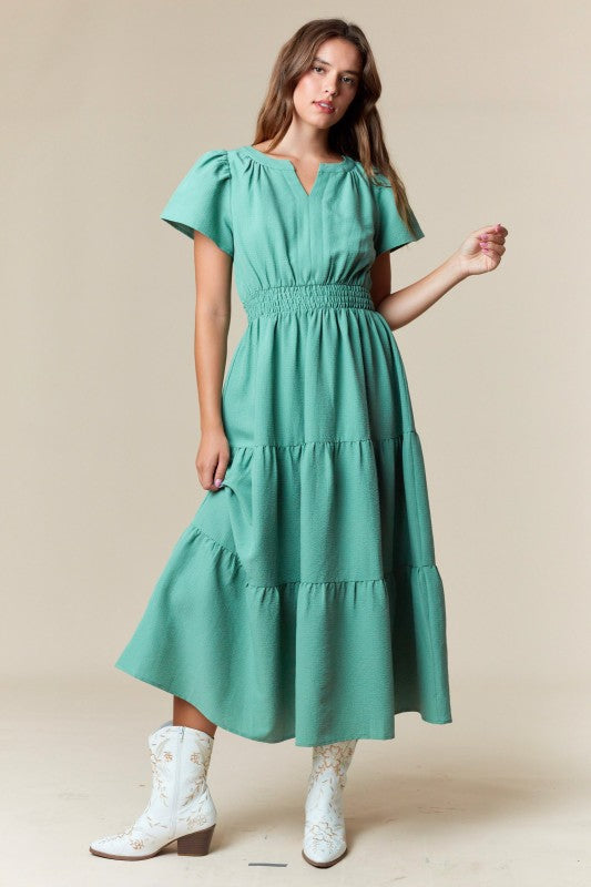 SAGE RUFFLED SHORT SLEEVE TIERED MIDI DRESS