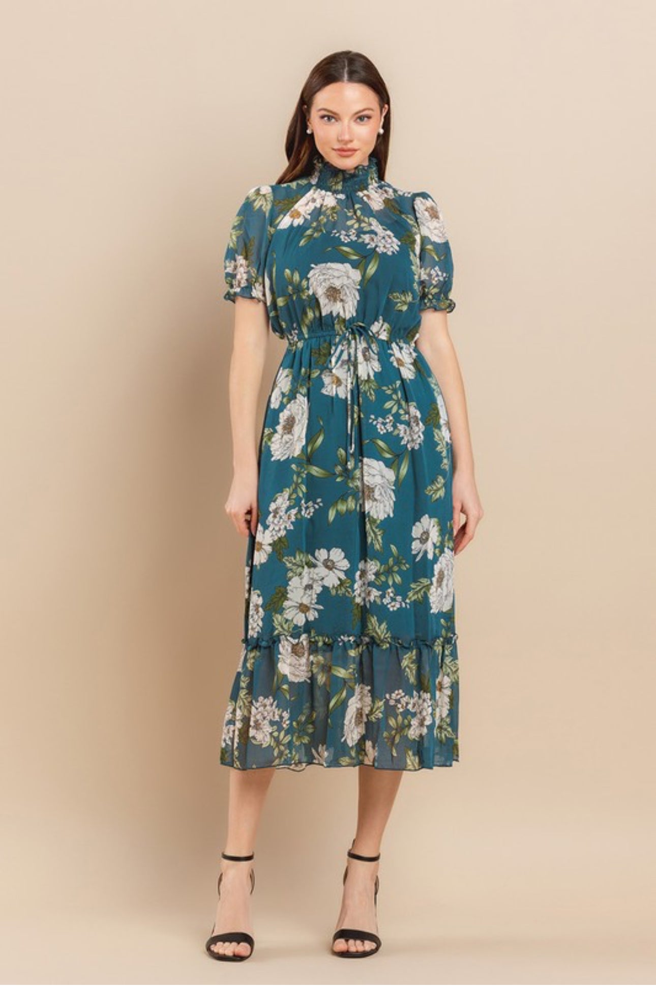 Floral Mock Neck Ruffles Detail Midi Dress