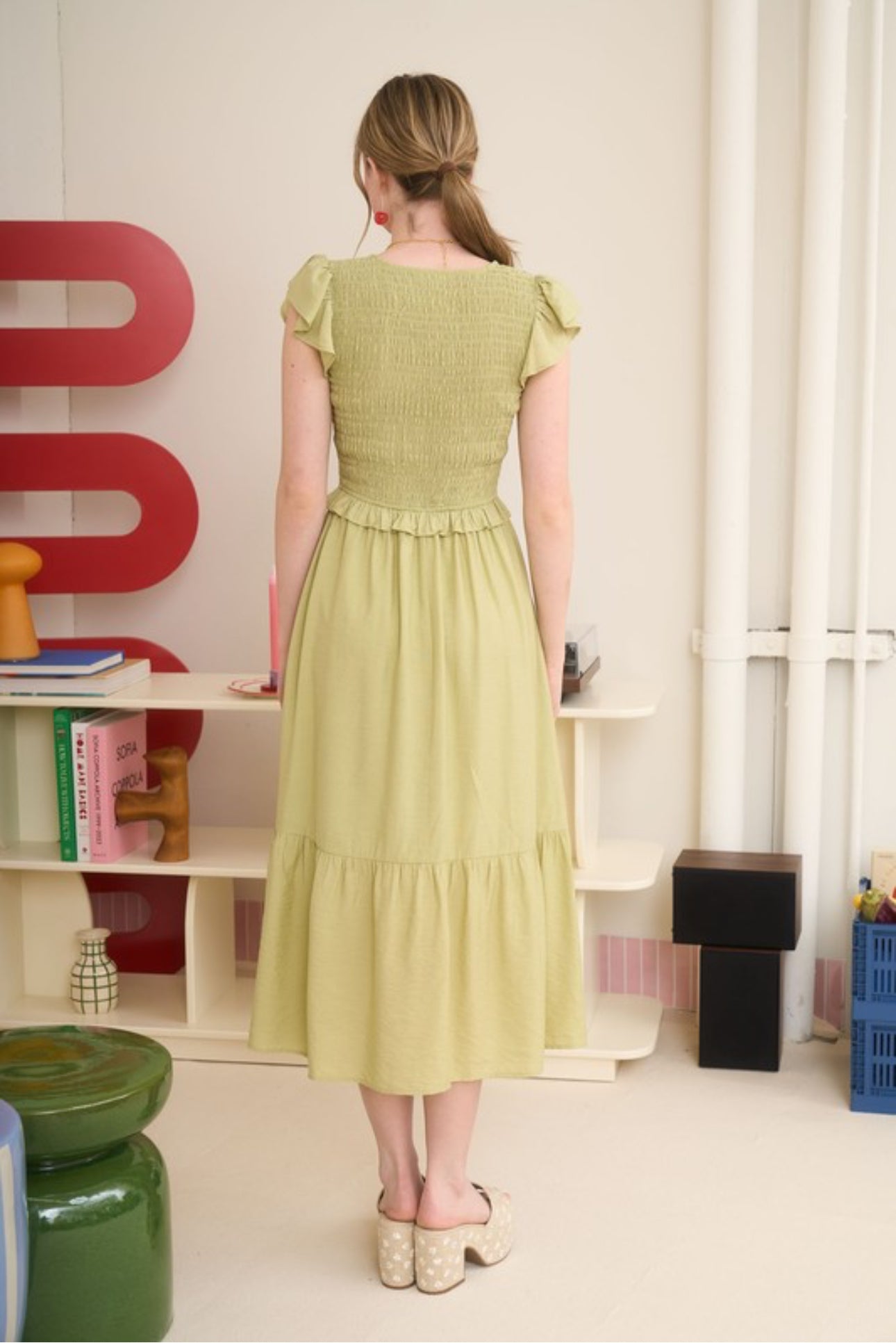 Bow Detail V Neck Smocked Ruffled Midi Dress