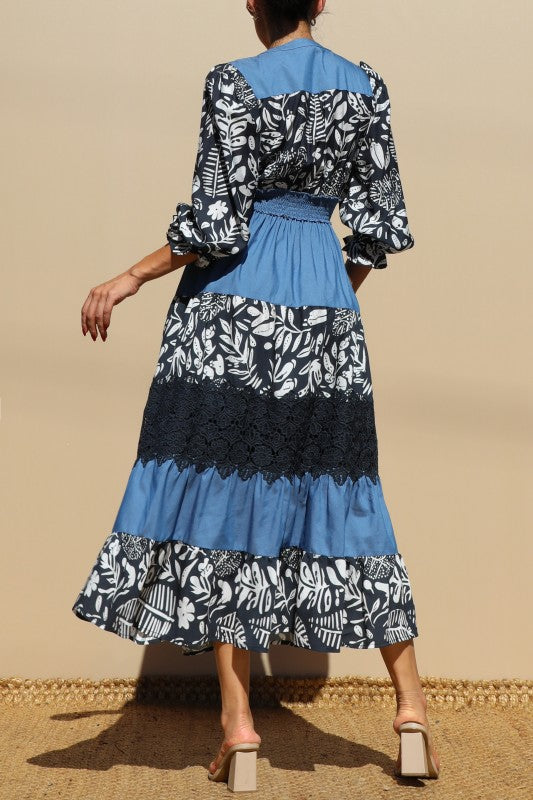 PRINTED TIERED WOVEN MIDI DRESS NAVY