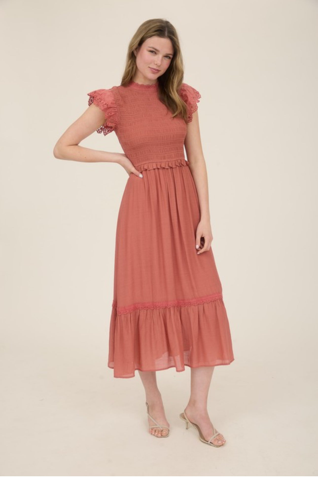 Smocked Eyelet Trim Ruffle Detail Midi Dress