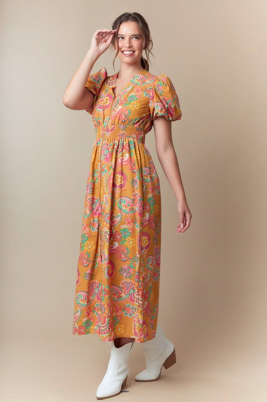 PAISLEY PRINT WOVEN ZIPPER FRONT MIDI DRESS