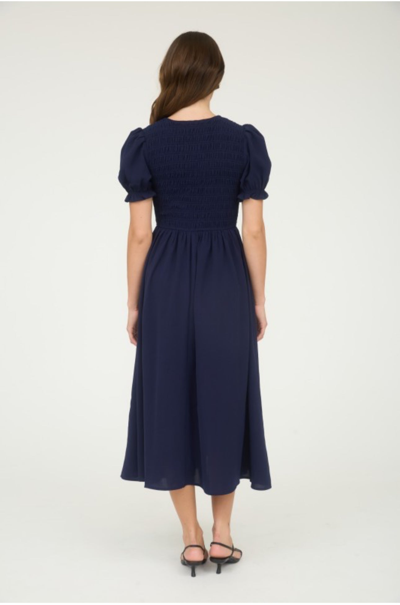 V Neck Front Tie Smocked Puff Sleeve Midi Dress