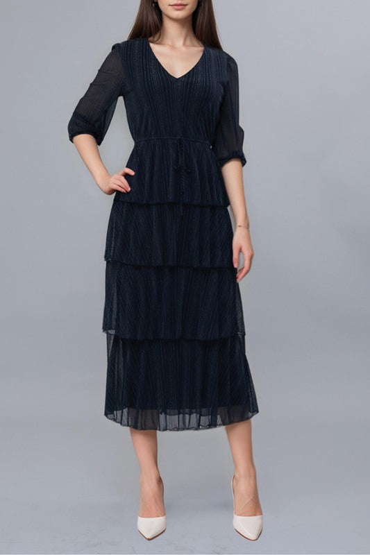 Silver Pin Stripes Tier Drop Midi Dress