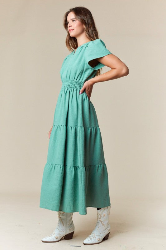 SAGE RUFFLED SHORT SLEEVE TIERED MIDI DRESS