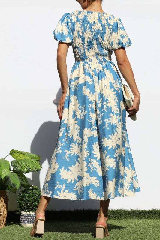 SMOCKED TOP WOVEN MIDI DRESS BLUE NATURAL