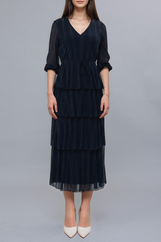 Silver Pin Stripes Tier Drop Midi Dress