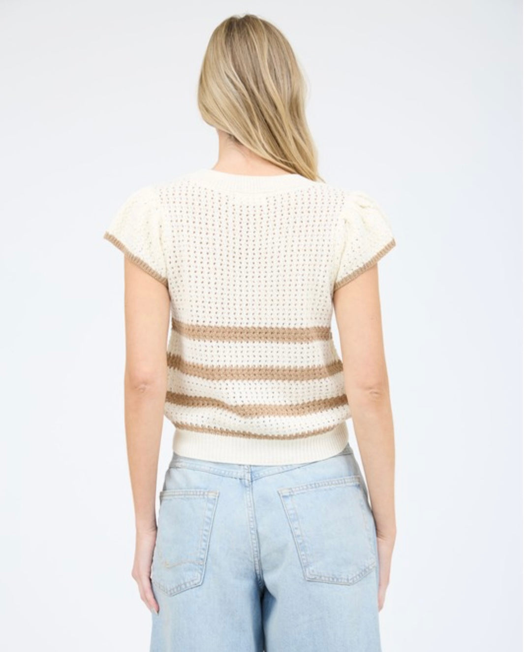 Stripe Short Sleeve Crochet Knit Top