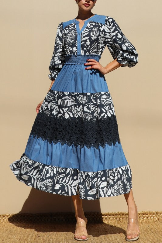 PRINTED TIERED WOVEN MIDI DRESS NAVY