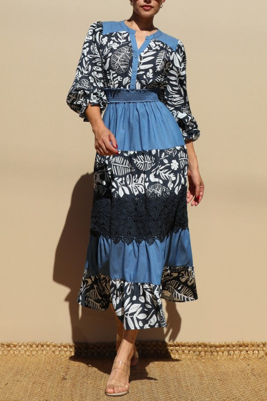 PRINTED TIERED WOVEN MIDI DRESS NAVY