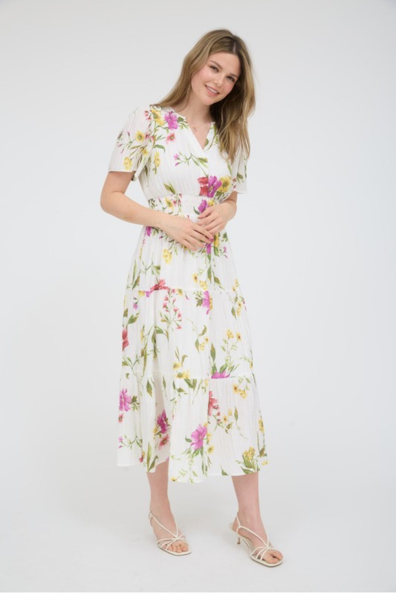 Multicolor Floral Short Sleeve Tiered Midi Dress