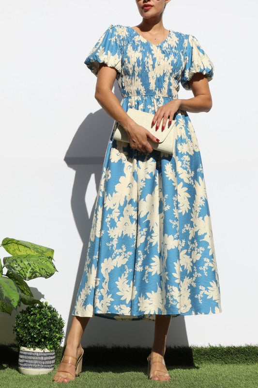 SMOCKED TOP WOVEN MIDI DRESS BLUE NATURAL
