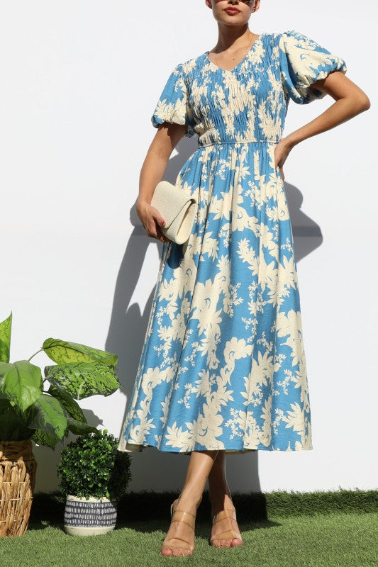 SMOCKED TOP WOVEN MIDI DRESS BLUE NATURAL