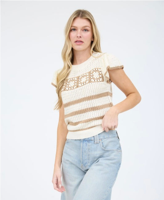 Stripe Short Sleeve Crochet Knit Top