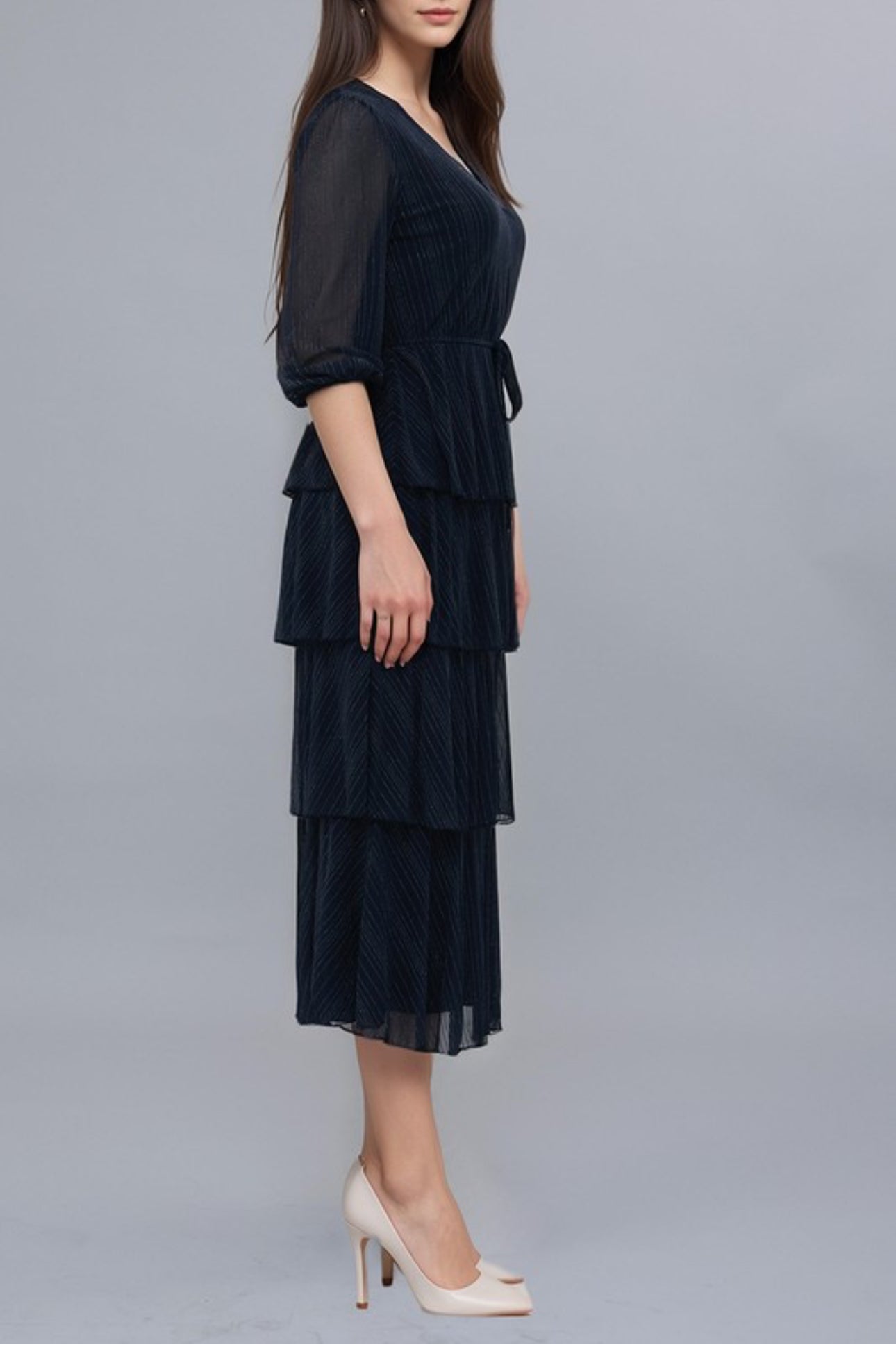 Silver Pin Stripes Tier Drop Midi Dress