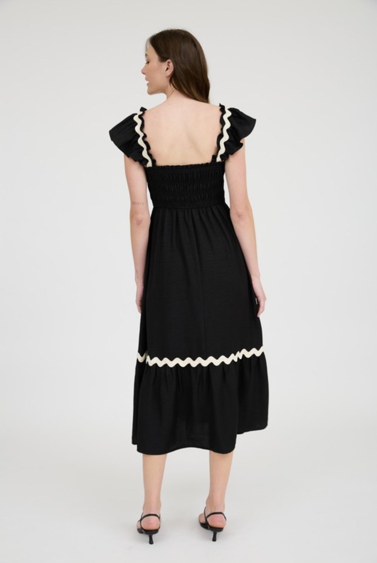 Wavy Trim Ruffle Detail Sleeveless Midi Dress