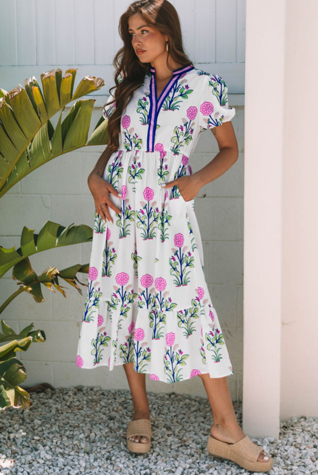White Floral Puff Short Sleeve V Neck High Waist Maxi Dress