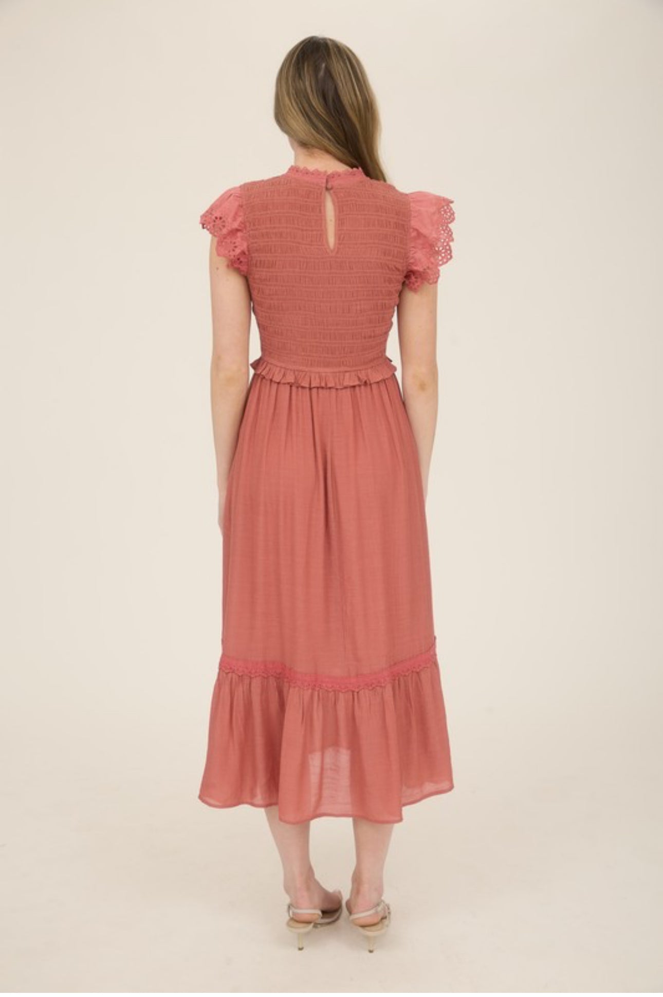 Smocked Eyelet Trim Ruffle Detail Midi Dress