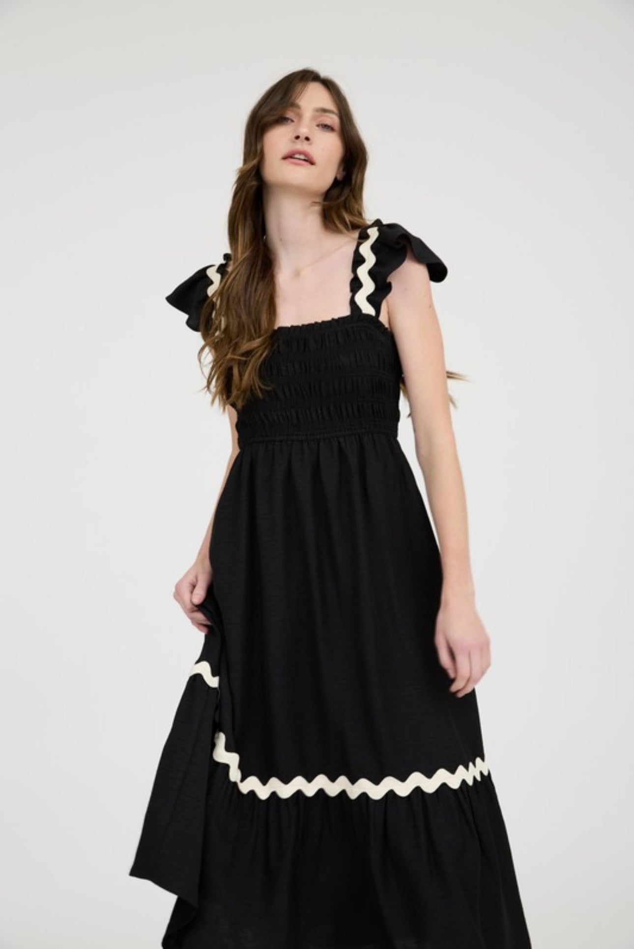 Wavy Trim Ruffle Detail Sleeveless Midi Dress