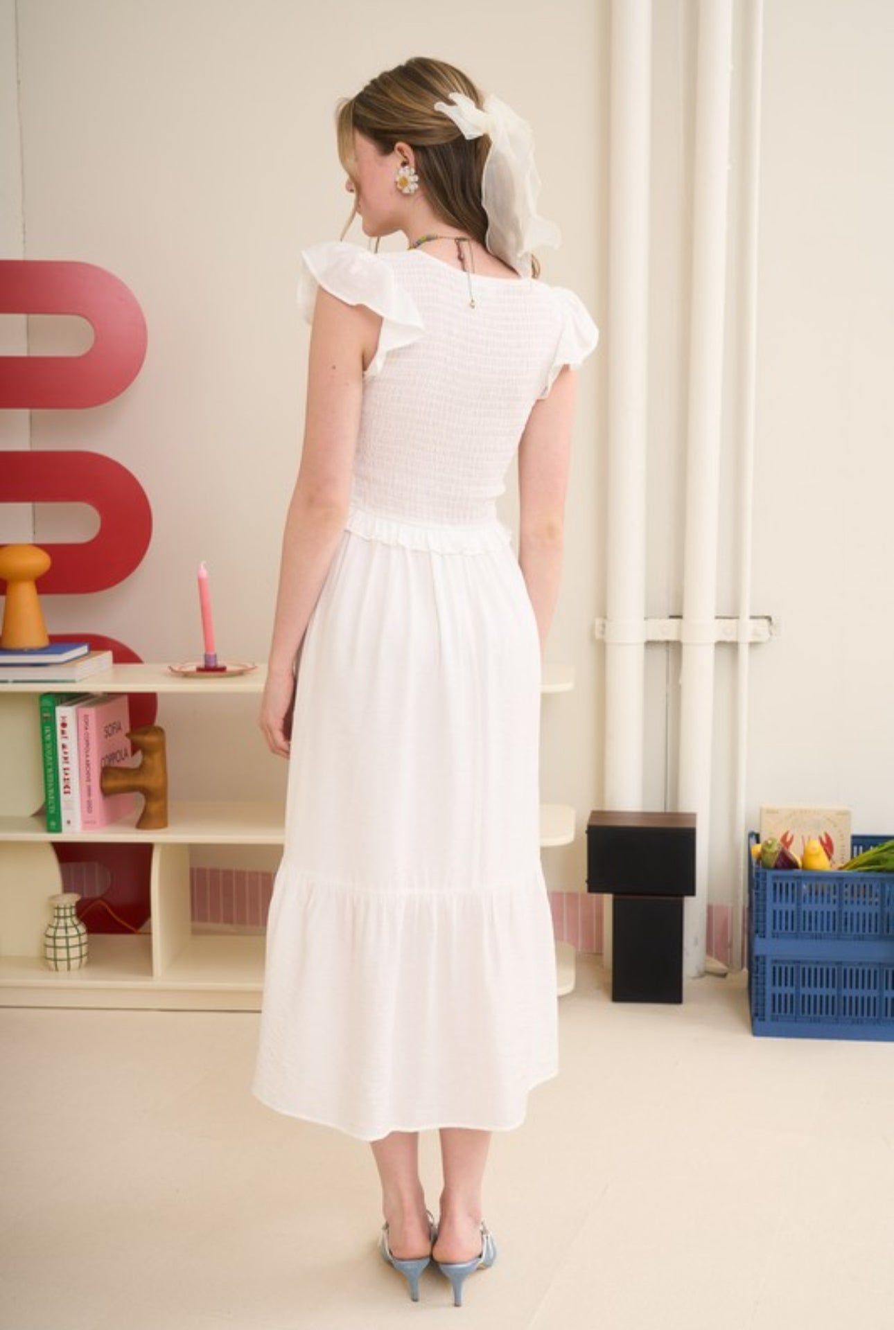 Bow Detail V Neck Smocked Ruffled Midi Dress