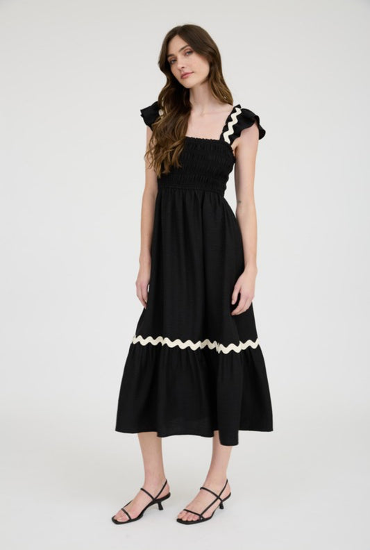 Wavy Trim Ruffle Detail Sleeveless Midi Dress