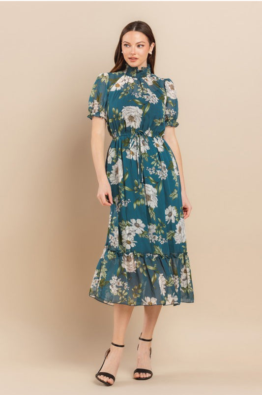 Floral Mock Neck Ruffles Detail Midi Dress