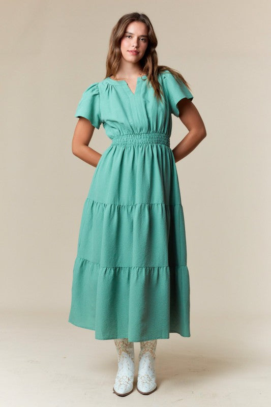 SAGE RUFFLED SHORT SLEEVE TIERED MIDI DRESS