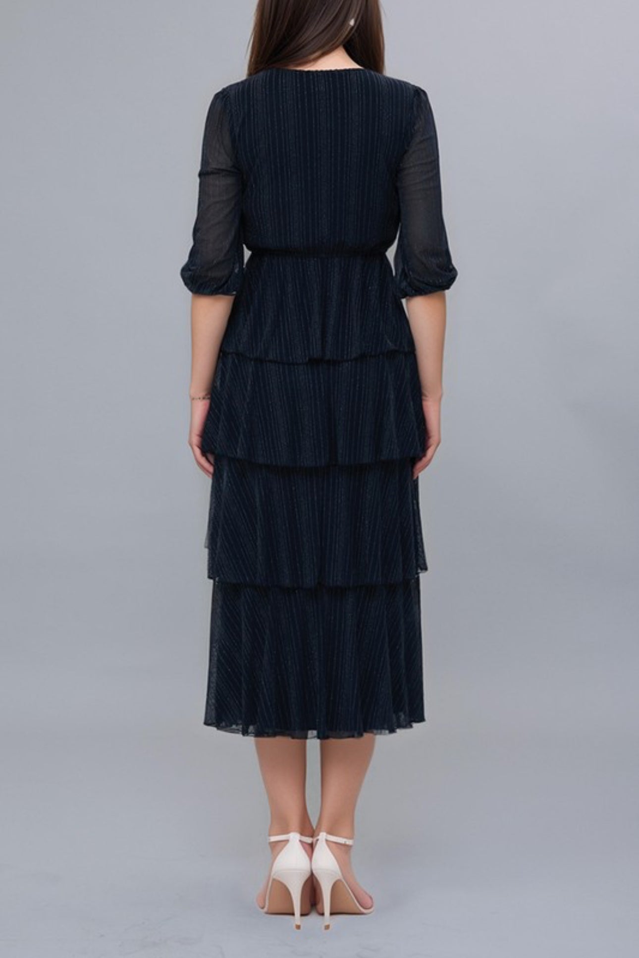 Silver Pin Stripes Tier Drop Midi Dress