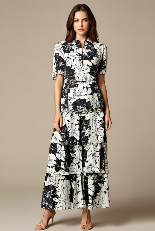 Black & Ivory Floral Shirt Maxi Dress