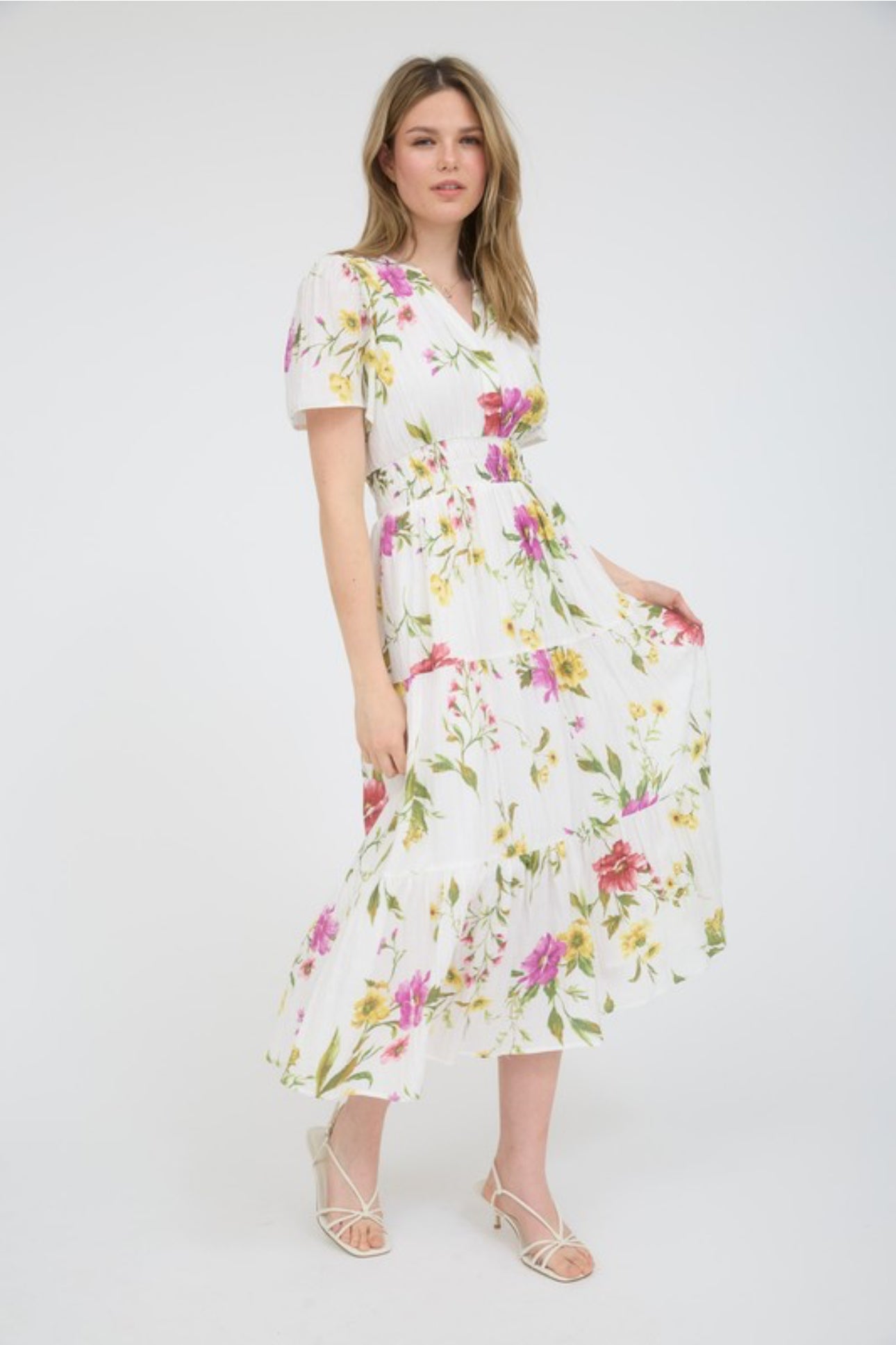 Multicolor Floral Short Sleeve Tiered Midi Dress