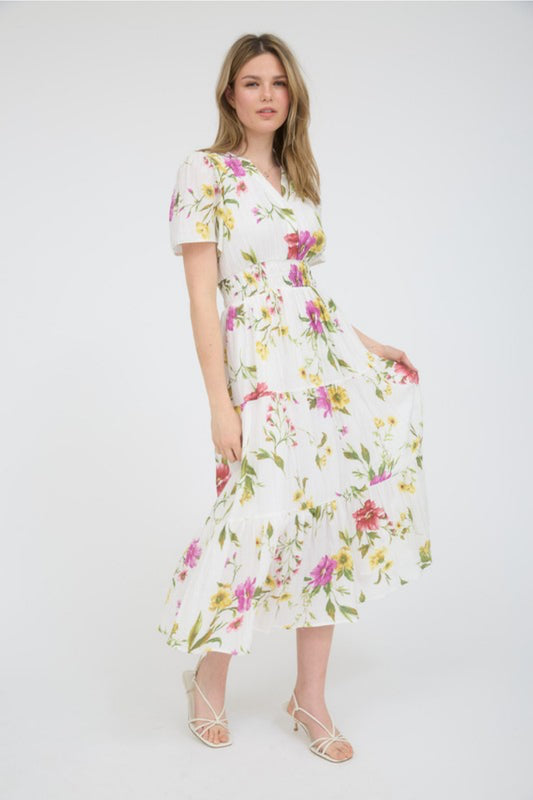 Multicolor Floral Short Sleeve Tiered Midi Dress