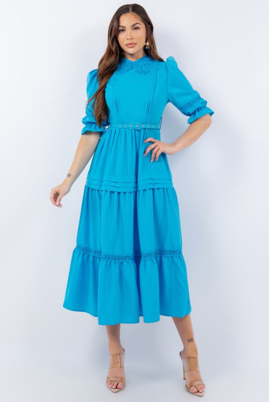 Belted Solid Elegant Midi Dress