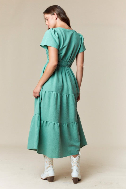 SAGE RUFFLED SHORT SLEEVE TIERED MIDI DRESS