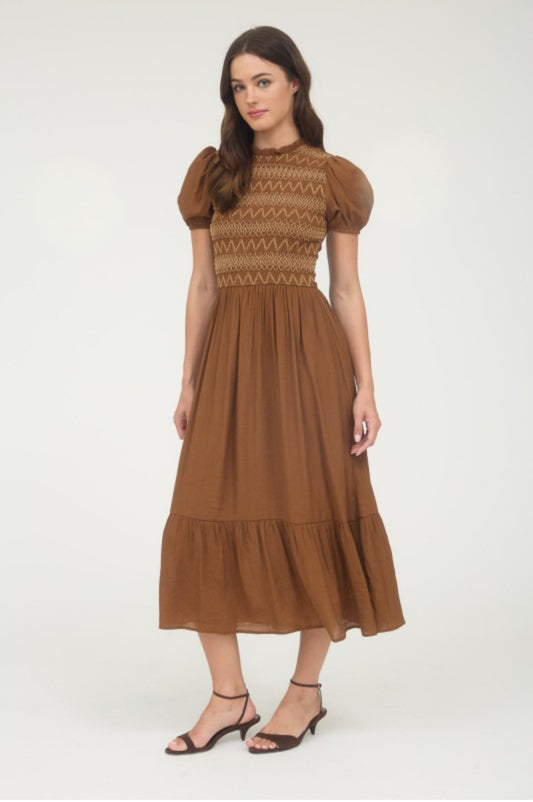 Contrast Smocked Detail Puff Sleeve Midi Dress