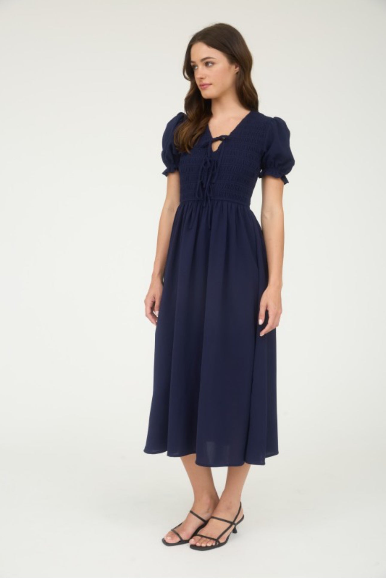 V Neck Front Tie Smocked Puff Sleeve Midi Dress
