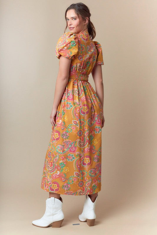 PAISLEY PRINT WOVEN ZIPPER FRONT MIDI DRESS