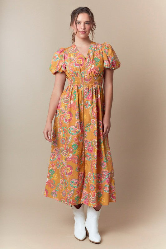 PAISLEY PRINT WOVEN ZIPPER FRONT MIDI DRESS