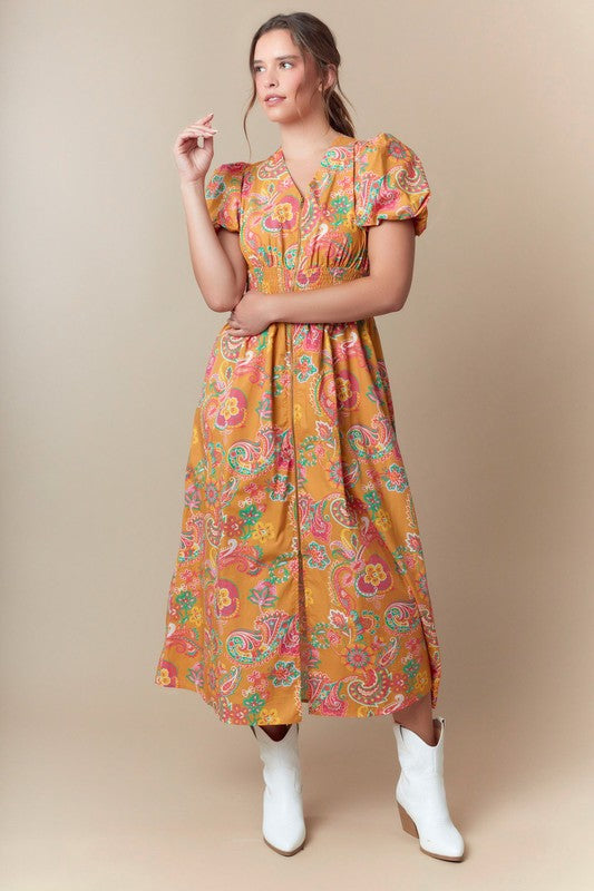 PAISLEY PRINT WOVEN ZIPPER FRONT MIDI DRESS