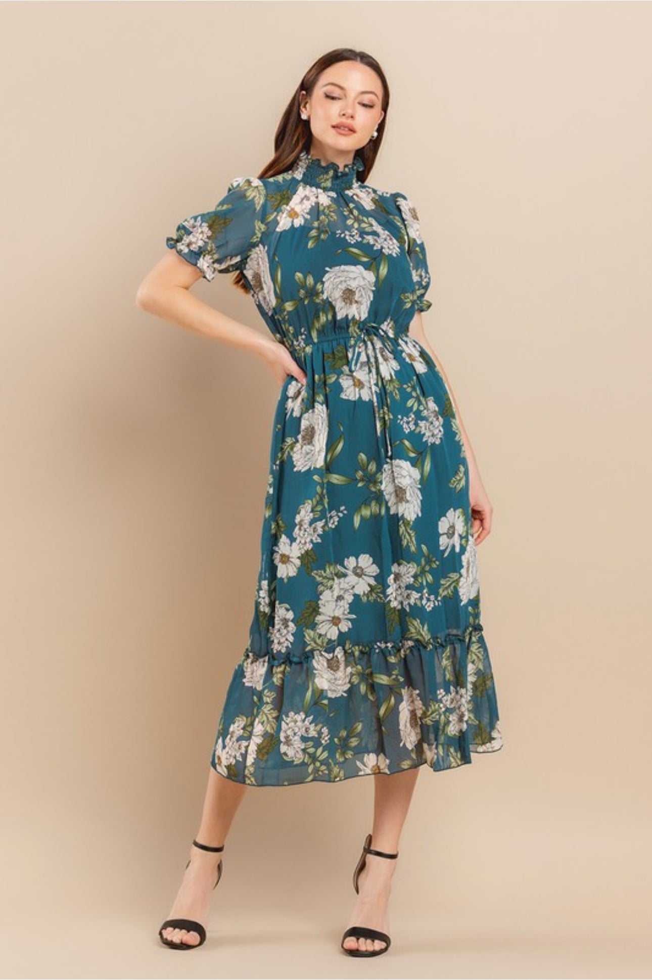 Floral Mock Neck Ruffles Detail Midi Dress