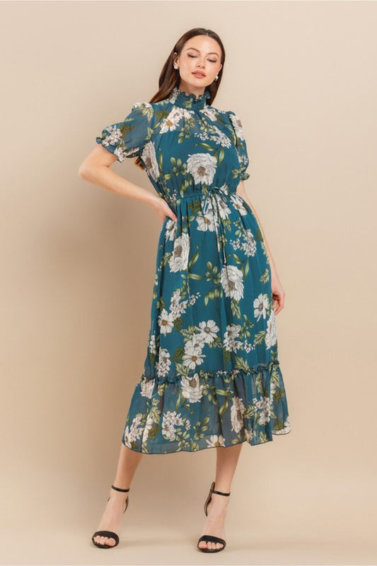 Floral Mock Neck Ruffles Detail Midi Dress