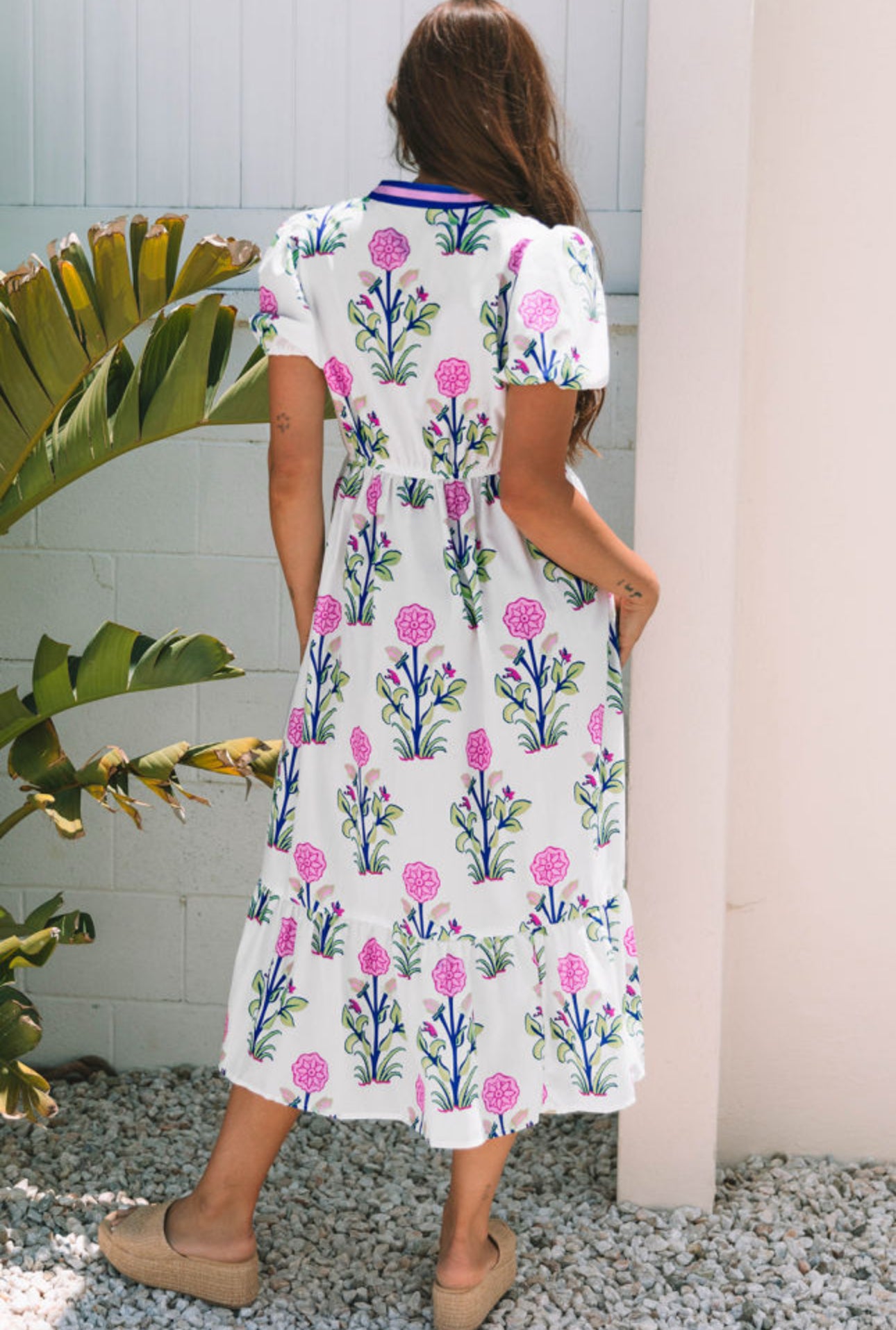 White Floral Puff Short Sleeve V Neck High Waist Maxi Dress