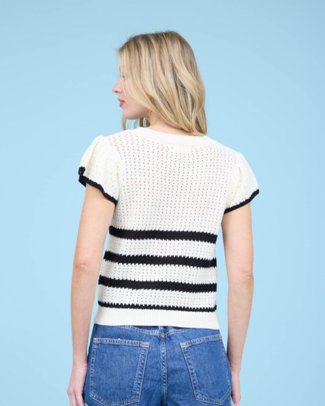 Stripe Short Sleeve Crochet Knit Top