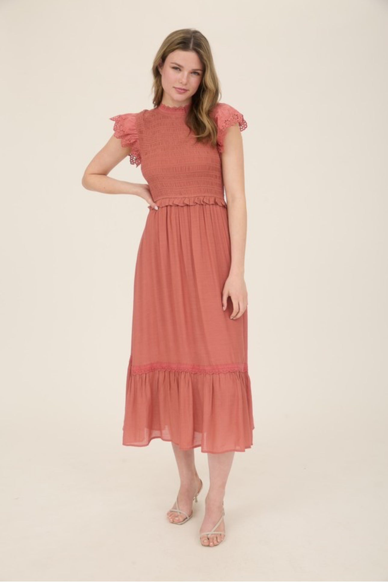 Smocked Eyelet Trim Ruffle Detail Midi Dress